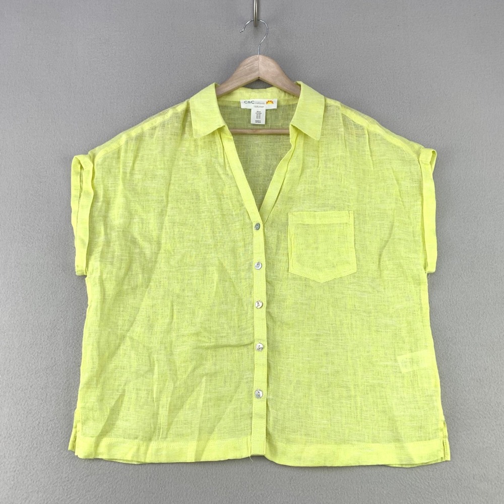 C&C California Linen Button Up Shirt Womens M Yellow Short Sleeve Pocket Beach